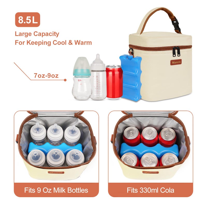 Mancro Breast Milk Cooler Travel Bag with Ice Pack, Insulated Baby Bottle Bag Fits for 6 Baby Bottles Up to 9 Ounce with Detachable Shoulder Strap, Breastmilk Cooler for Working Mom or Daycare, Beige - Image 3